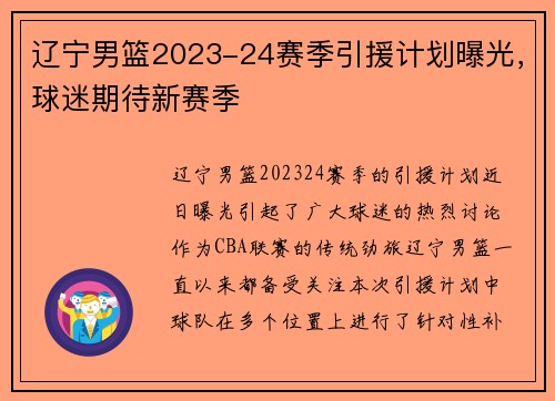 辽宁男篮2023-24赛季引援计划曝光，球迷期待新赛季