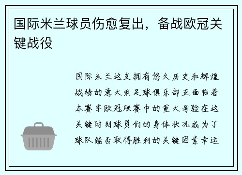 国际米兰球员伤愈复出，备战欧冠关键战役