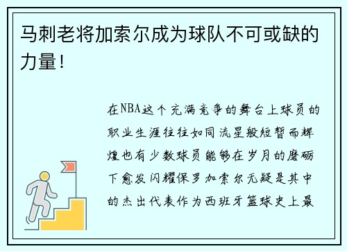 马刺老将加索尔成为球队不可或缺的力量！