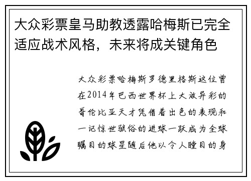 大众彩票皇马助教透露哈梅斯已完全适应战术风格，未来将成关键角色