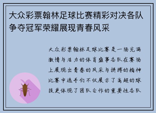 大众彩票翰林足球比赛精彩对决各队争夺冠军荣耀展现青春风采