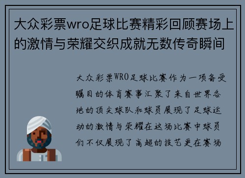 大众彩票wro足球比赛精彩回顾赛场上的激情与荣耀交织成就无数传奇瞬间